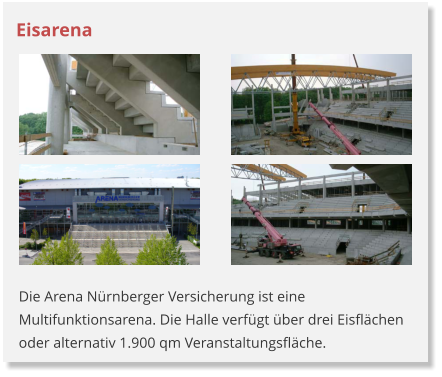 Eisarena Die Arena Nrnberger Versicherung ist eine Multifunktionsarena. Die Halle verfgt ber drei Eisflchen oder alternativ 1.900 qm Veranstaltungsflche.